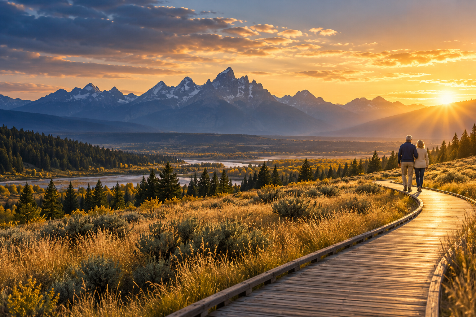A winding path through sunlit prairie toward the mountains